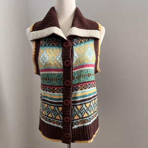 Vintage Sweater Vest Womens Medium Brown Button Sherpa Collar Y2K 90s Preppy